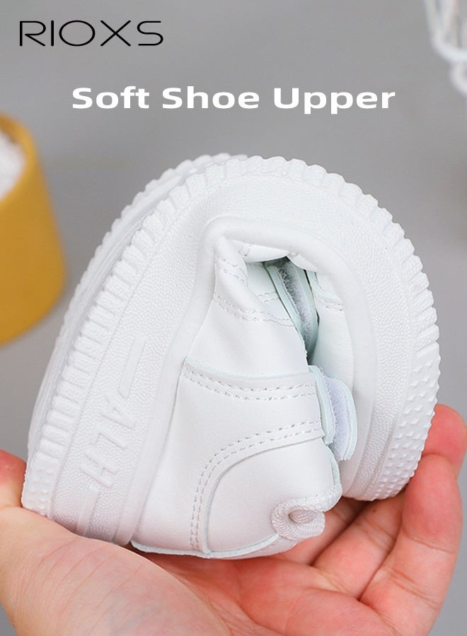 RIOXS Kids' Waterproof White Casual Sneakers, Breathable Faux Leather with Velcro Closure and Non-Slip Rubber Sole, Comfortable Walking Shoes for Girls, Lightweight Everyday Sneakers for Boys, Perfect for School, Strolls, Daily Wear, and Sports, White - Image 4